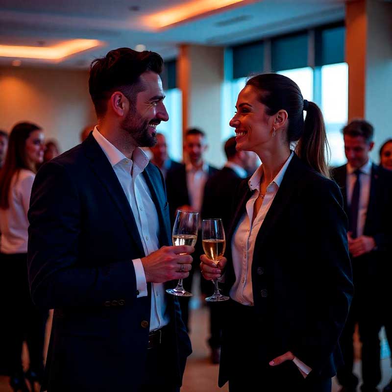 Dois executivos bem-vestidos, um homem e uma mulher, confraternizando em um evento corporativo. Eles estão em um ambiente moderno e elegante, com luzes suaves e um décor sofisticado. O homem veste um terno cinza escuro com uma camisa branca e gravata azul, enquanto a mulher usa um tailleur preto com uma blusa de seda branca. Ambos seguem taças de vinho ou espumante, sorrindo e conversando de maneira descontraída. Ao fundo, há mesas altas onde outros profissionais conversam em pequenos grupos. Um balcão de coquetel com bebidas e petiscos gourmet está à disposição, e a atmosfera é de networking e conexão profissional. O ambiente é climatizado, com um piso de madeira clara e detalhes metálicos que conferem um toque moderno. A cena transmite confiança, sucesso e uma vibe positiva de colaboração e celebração.