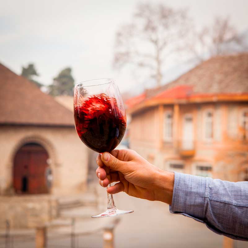 Mão chacoalhando taça de vinho com a bebida dentro e uma vila de fundo.