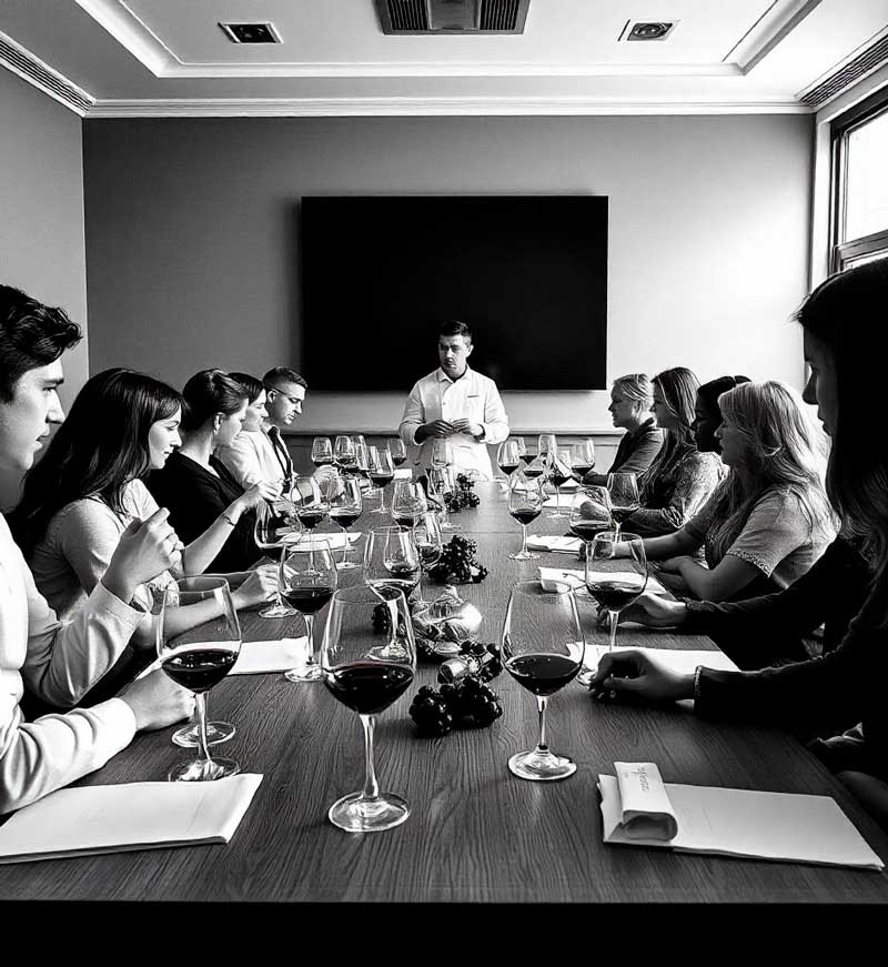 Uma sala elegante e aconchegante, com iluminação suave e ambiente climatizado, preparada para uma aula de degustação de vinhos. No centro, uma longa mesa de madeira rústica está coberta com toalhas brancas e decorada com taças de vinho cristalinas, garrafas de vinho de diferentes rótulos e pequenas taças para provar azeites e queijos. Um sommelier profissional, está frente a mesa, segurando uma taça e explicando detalhes sobre o vinho para um grupo de alunos atentos. Os participantes, vestidos de forma casual-elegante, seguram suas taças, observando a cor do vinho ou apreciando o aroma. Ao fundo, prateleiras de madeira exibem garrafas de vinho envelhecidas. A atmosfera é de aprendizado, sofisticação e descontração, com detalhes como pães, queijos e uvas espalhados pela mesa, complementando a experiência sensorial.